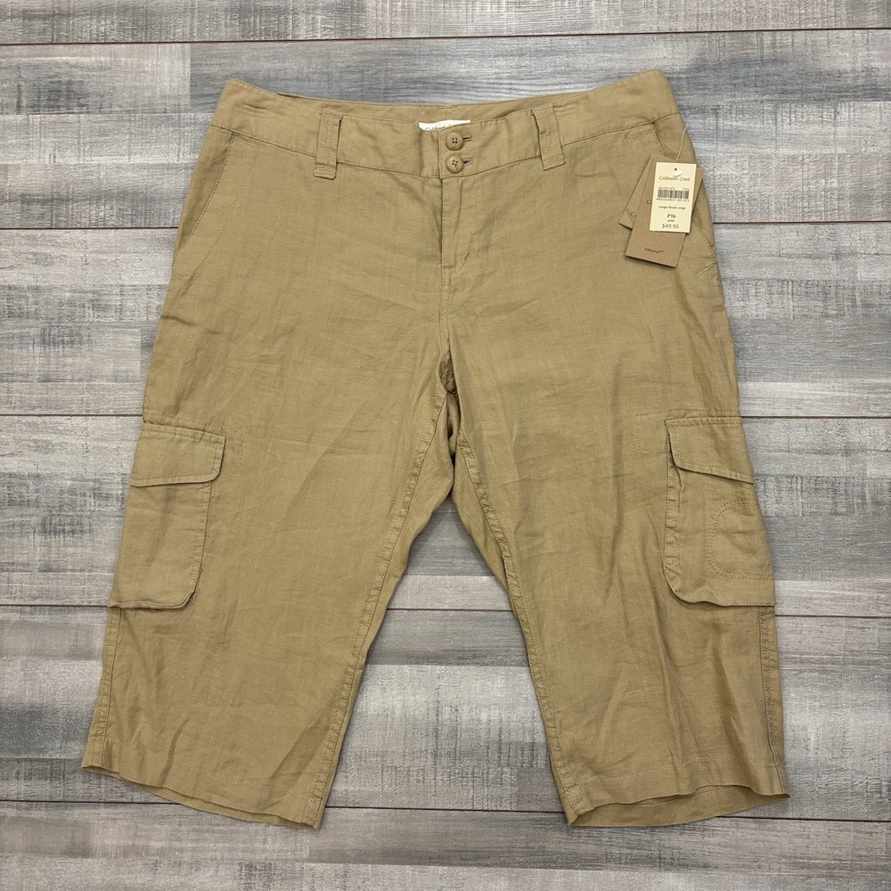 Coldwater Creek Coastal Utility Cargo Capri Pants Petite 16 Tan 100% Linen NWT